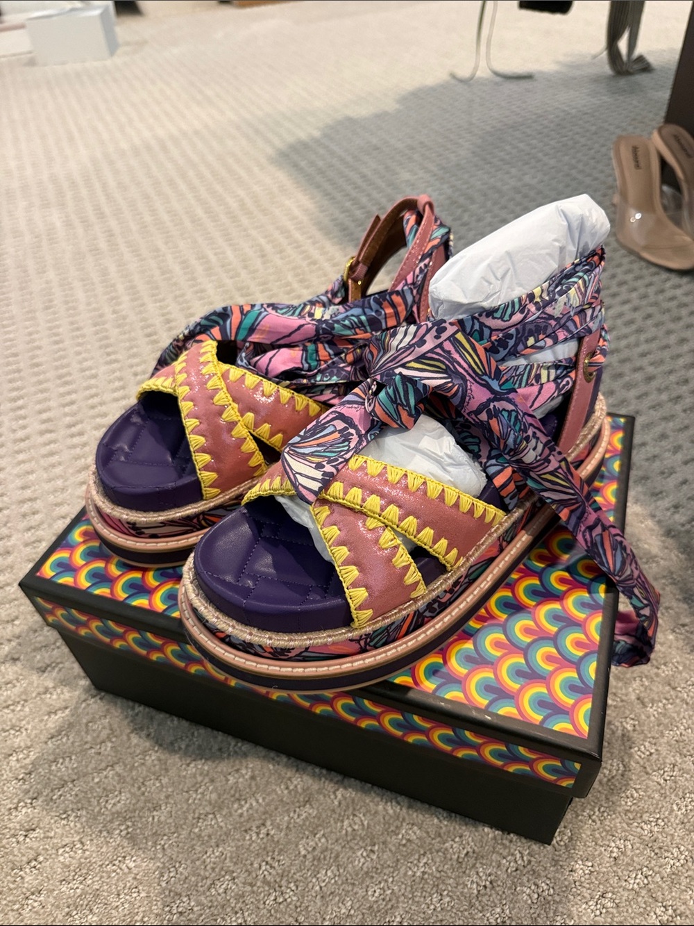 Kurt Geiger Purple, Pink and Yellow Embroidered Wedge Sandals